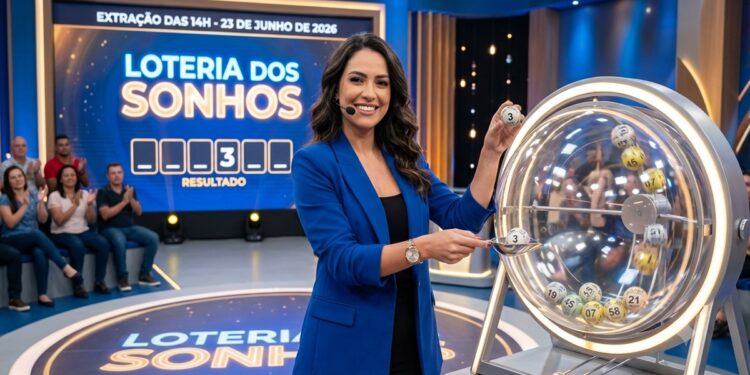 Apresentadora retira a bola premiada número 3 do globo no sorteio da Loteria dos Sonhos
