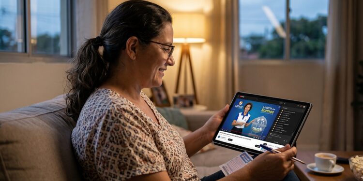 Mulher sorrindo com óculos assiste à transmissão da Loteria dos Sonhos em tablet, segurando bilhete