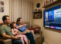 Família de três pessoas sorri e assiste à extração da Loteria dos Sonhos de 24/06/2026 na TV