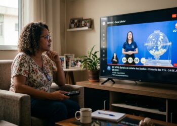 Mulher assiste ao sorteio da Loteria dos Sonhos na TV com números sorteados 34, 11, 58 e apresentadora ao fundo