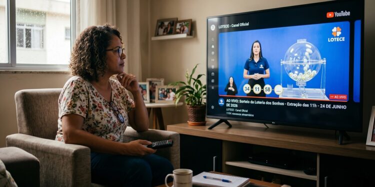 Mulher assiste ao sorteio da Loteria dos Sonhos na TV com números sorteados 34, 11, 58 e apresentadora ao fundo