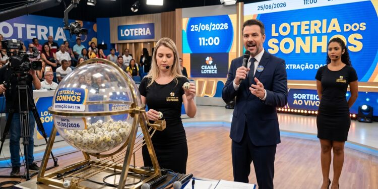 Apresentador e duas assistentes no palco da Loteria dos Sonhos, extração das 11h, 25/06/2026