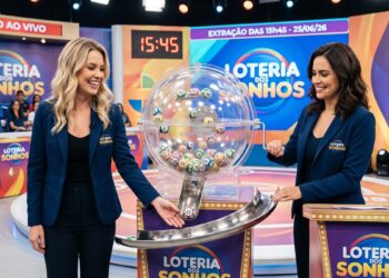 Duas apresentadoras sorridentes com blazer azul realizam sorteio da Loteria dos Sonhos em estúdio colorido às 15h45