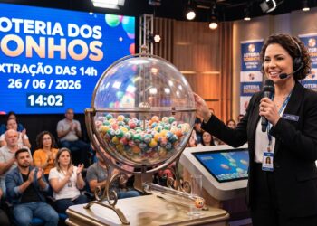 Apresentadora sorridente conduz sorteio da Loteria dos Sonhos, esfera com bolas numeradas, público atento ao fundo