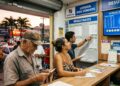 Homens e mulheres em lotérica analisam papéis e painel digital com resultado da Loteria dos Sonhos em 26 de junho
