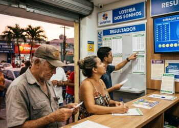 Homens e mulheres em lotérica analisam papéis e painel digital com resultado da Loteria dos Sonhos em 26 de junho