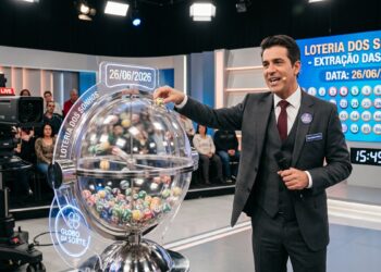 Apresentador de terno ao lado do globo sorteador da Loteria dos Sonhos, com números exibidos em painel e data 26/06/2026