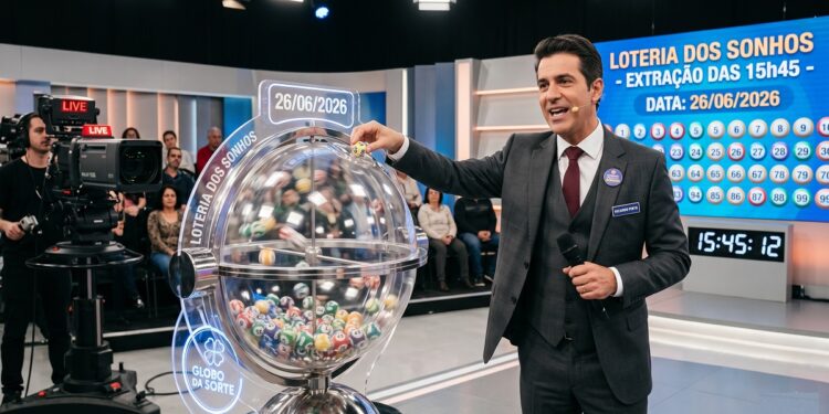 Apresentador de terno ao lado do globo sorteador da Loteria dos Sonhos, com números exibidos em painel e data 26/06/2026