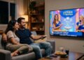 Casal sorridente assistindo ao sorteio da Loteria dos Sonhos com duas apresentadoras na TV