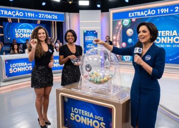 Três apresentadoras apresentam sorteio da Loteria dos Sonhos com bolas numeradas e público ao fundo