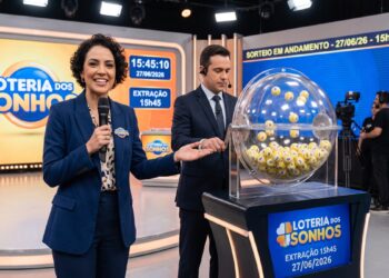 Mulher apresenta sorteio da Loteria dos Sonhos com microfone ao lado de globo com bolas amarelas