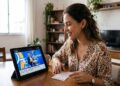 Mulher jovem assiste ao sorteio da Loteria dos Sonhos em tablet com cartela na mão, sorrindo em mesa de madeira