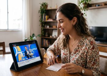 Mulher jovem assiste ao sorteio da Loteria dos Sonhos em tablet com cartela na mão, sorrindo em mesa de madeira