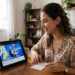 Mulher jovem assiste ao sorteio da Loteria dos Sonhos em tablet com cartela na mão, sorrindo em mesa de madeira