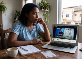 Mulher assiste ao sorteio da Loteria dos Sonhos no notebook, anotando resultados na mesa de casa