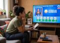 Jovem sentada no sofá faz anotações enquanto assiste ao sorteio da Loteria dos Sonhos das 14h na TV