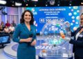 Duas apresentadoras anunciam o número sorteado 37 na extração das 19h da Loteria dos Sonhos em estúdio iluminado