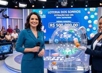 Duas apresentadoras anunciam o número sorteado 37 na extração das 19h da Loteria dos Sonhos em estúdio iluminado