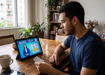 Homem analisa bilhete da Loteria dos Sonhos ao assistir anúncio dos números sorteados em tablet