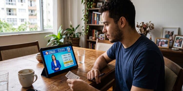 Homem analisa bilhete da Loteria dos Sonhos ao assistir anúncio dos números sorteados em tablet
