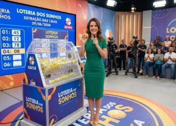 Mulher vestindo verde anuncia bolinha na Loteria dos Sonhos com auditório ao fundo