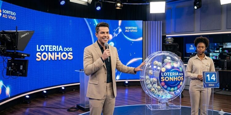 Apresentador e funcionária exibem globo com bolas e número 14 no sorteio da Loteria dos Sonhos
