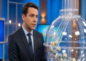 Apresentador de terno azul-marinho ao lado de globo de sorteio com bolas numeradas em estúdio de TV
