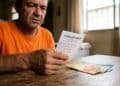 Homem idoso de camiseta laranja segura bilhete da Loteria dos Sonhos com notas de real na mesa