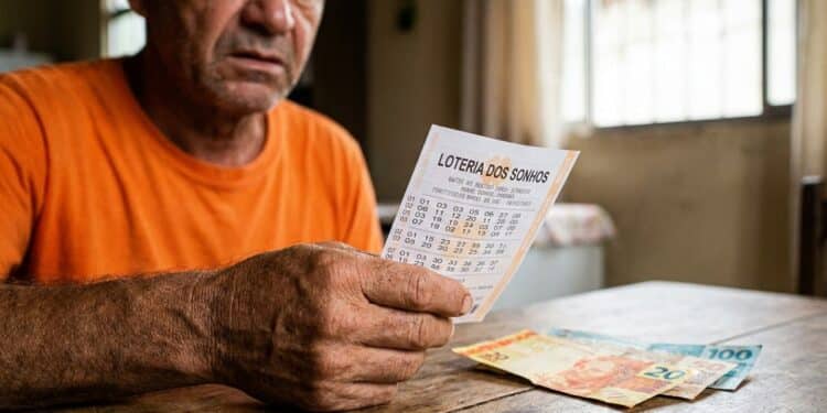 Homem idoso de camiseta laranja segura bilhete da Loteria dos Sonhos com notas de real na mesa