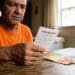 Homem idoso de camiseta laranja segura bilhete da Loteria dos Sonhos com notas de real na mesa