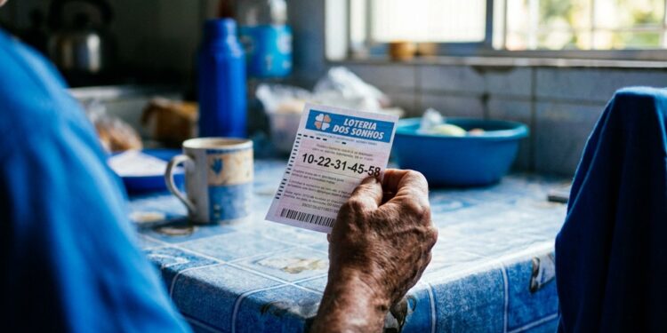 Pessoa idosa confere bilhete da Loteria dos Sonhos com números à mesa azul