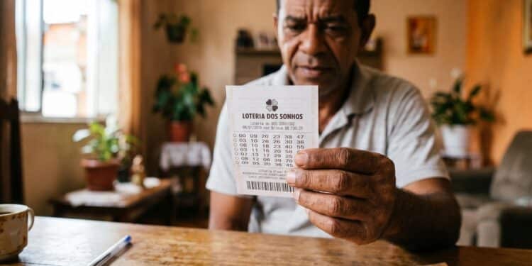 Homem segura bilhete da Loteria dos Sonhos, mostrando números apostados com cédulas de 10, 20 e 50 reais na mesa