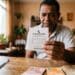 Homem segura bilhete da Loteria dos Sonhos, mostrando números apostados com cédulas de 10, 20 e 50 reais na mesa