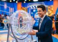 Apresentador de terno azul sorri ao lado do globo com bolas numeradas durante sorteio da Loteria dos Sonhos