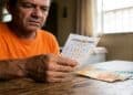 Homem idoso de camisa laranja segura bilhete da Loteria dos Sonhos sobre mesa de madeira com notas de real