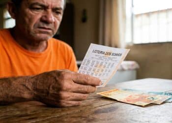 Homem idoso de camisa laranja segura bilhete da Loteria dos Sonhos sobre mesa de madeira com notas de real