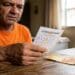 Homem idoso de camisa laranja segura bilhete da Loteria dos Sonhos sobre mesa de madeira com notas de real