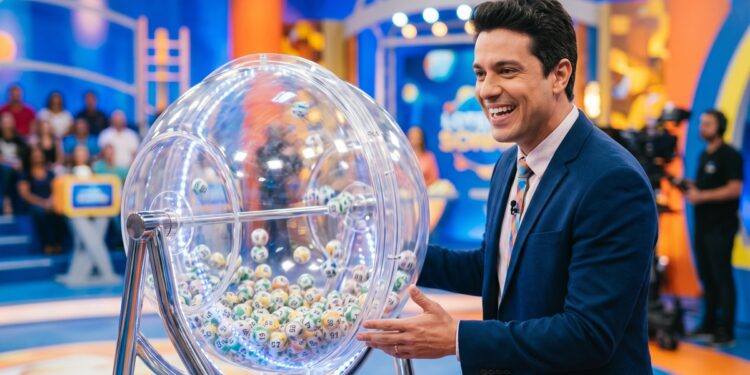 Apresentador de terno azul sorri ao lado do globo com bolas numeradas durante sorteio da Loteria dos Sonhos