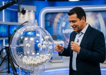 Homem de blazer azul-marinho e camisa clara observa bolas numeradas em globo transparente de sorteio em estúdio de TV