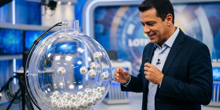 Homem de blazer azul-marinho e camisa clara observa bolas numeradas em globo transparente de sorteio em estúdio de TV