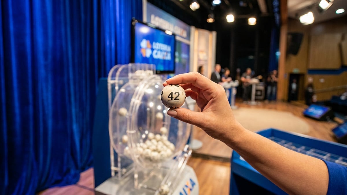 Mão segura bola número 42 diante do globo da Loteria dos Sonhos em estúdio iluminado