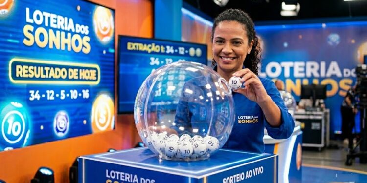Mulher sorridente exibe bola com número 10 durante sorteio ao vivo da Loteria dos Sonhos, cenário azul e painéis digitais