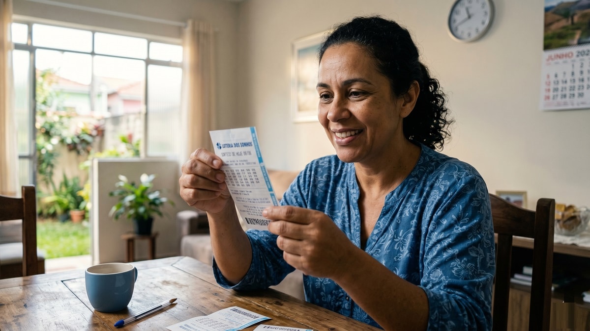 Mulher brasileira sorrindo segura bilhete de loteria na mesa, luz natural, ambiente doméstico simples