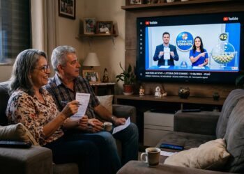 Casal de idosos acompanha resultado da Loteria dos Sonhos na TV, segurando bilhetes em sala de estar