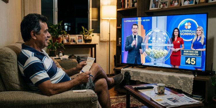 Homem sorridente confere bilhete enquanto assiste ao sorteio ao vivo da Loteria dos Sonhos na TV