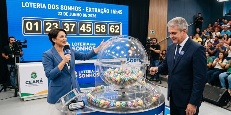 Apresentadora e homem em sorteio da Loteria dos Sonhos, atrás de globo com bolas numeradas, painel azul ao fundo