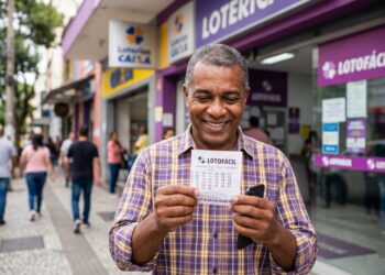 Homem sorridente de camisa xadrez amarela e roxa segura bilhete da Lotofácil 3700 e celular em frente à lotérica Caixa