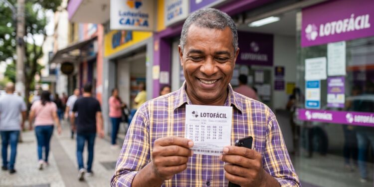 Homem sorridente de camisa xadrez amarela e roxa segura bilhete da Lotofácil 3700 e celular em frente à lotérica Caixa