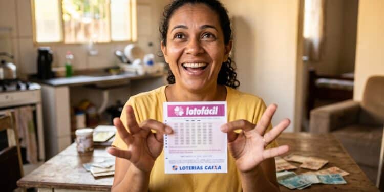 Mulher de camiseta amarela segura bilhete da Lotofácil com expressão de alegria em ambiente doméstico