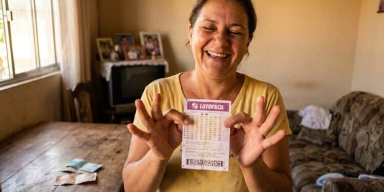 Mulher de meia-idade sorridente segura volante da Lotofácil em sala com fotos de família e TV ao fundo